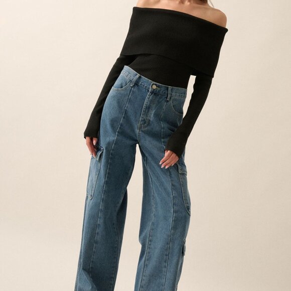 Billie Rib-Knit Off-Shoulder Foldover Top | Women's Black Blouse | Trendy Style - Picture 8 of 11